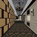 Elevator Hallway Interior With Paneled Walls Chandelier And Checkerboard Patterned Floor 3d model