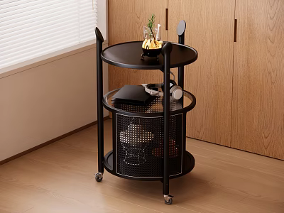 Rolling Three Tier Black Metal Side Table With Plant Decoration And Storage Basket 3d model