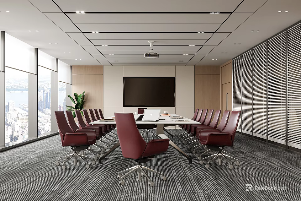 Conference Room Interior With Long Meeting Table Red Chairs Large Screen And City View Windows 3d model 