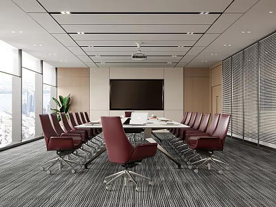 Conference Room Interior With Long Meeting Table Red Chairs Large Screen And City View Windows 3d model