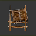 Brown Traditional Drum with Orange Wooden Stand and White Straps on Gray Brick Floor