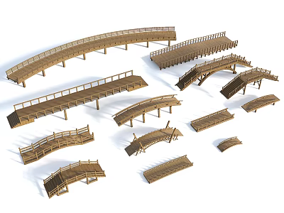 Wooden Landscape Bridges With Various Curved And Straight Designs For Gardens 3d model
