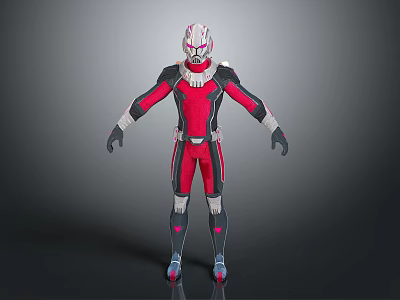 Detailed Sci Fi Character in Red and Black Bodysuit with Silver Helmet and Armor 3d model