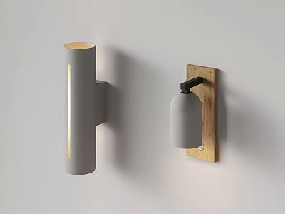 Contemporary Wall Lamps Featuring Gray Cylinder And Wooden Backplate With Black Bracket 3d model