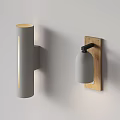 Contemporary Wall Lamps Featuring Gray Cylinder And Wooden Backplate With Black Bracket