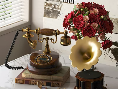 Vintage Gramophone Decor With Red Roses Vintage Telephone And Books On Tabletop 3d model