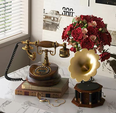 Vintage Gramophone Decor With Red Roses Vintage Telephone And Books On Tabletop 3d model