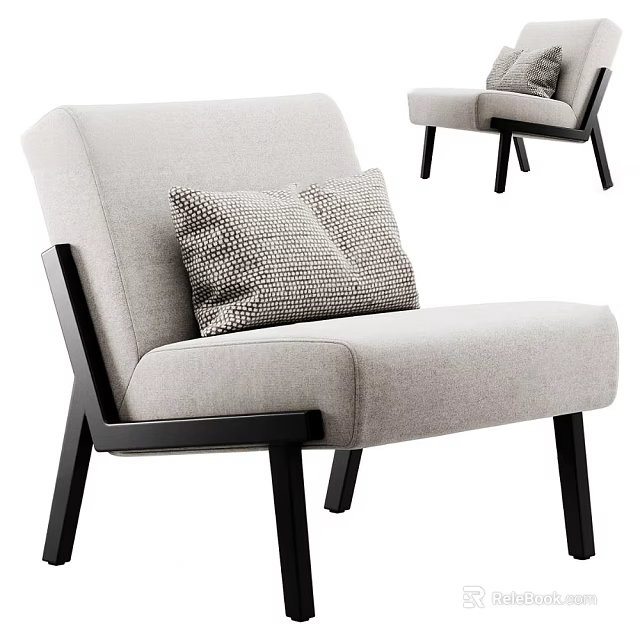 Modern Light Gray Fabric Upholstered Leisure Chair With Black Wooden Legs And Geometric Pattern Pillow 3d model 