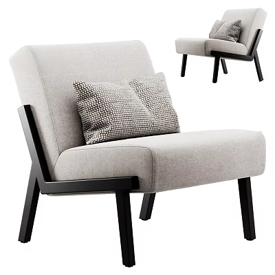 Modern Light Gray Fabric Upholstered Leisure Chair With Black Wooden Legs And Geometric Pattern Pillow 3d model