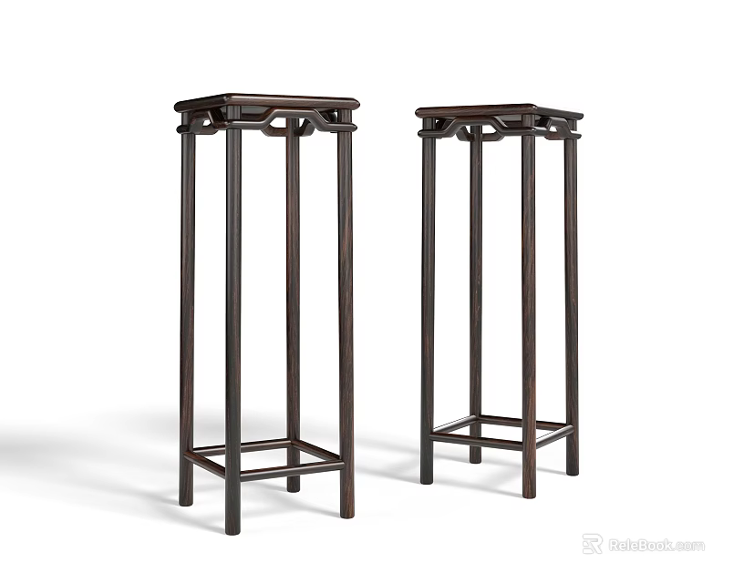 Two Dark Chinese Style Flower Stands With Simple Square Top And Wooden Legs 3d model 