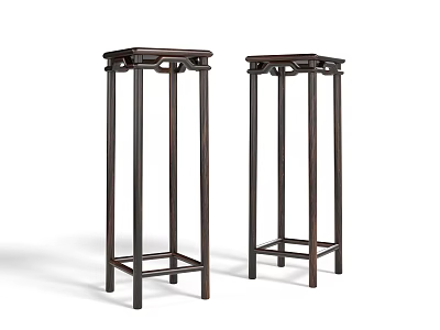 Two Dark Chinese Style Flower Stands With Simple Square Top And Wooden Legs 3d model