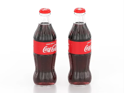 Two Glass Bottles of Coca-Cola Beverage with Red Labels and Dark Brown Liquid 3d model