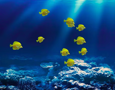Group of Yellow Fish Swimming in Blue Ocean Water with Sunlight Rays and Coral Reef 3d model