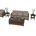 Modern Sofa And Coffee Table Set With Wooden Frame Grey Cushions Pillows And Green Plant