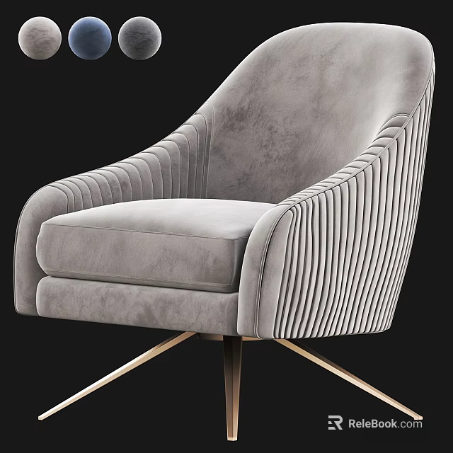 Modern Gray Velvet Accent Chair With Pleated Arms And Gold Metal Legs 3d model 