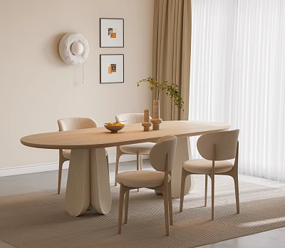 Light Colored Oval Wooden Dining Table And Chairs With Decorative Paintings Green Plant And Rug 3d model
