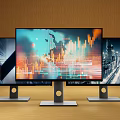 Three Computer Monitors Displaying Various Content On Wooden Desk Setup 3d model