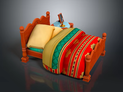 Wooden Single Bed With Yellow Pillow Colorful Striped Quilt And Wooden Posts 3d model