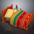 Wooden Single Bed With Yellow Pillow Colorful Striped Quilt And Wooden Posts