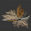 Sculptural Carving Textured Vase Featuring Orange Beige Feathers and Fan Shaped Decorations on Grey Background