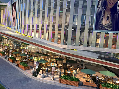 Modern Commercial Street Featuring Glass Facades Outdoor Dining Green Umbrellas And Pedestrians 3d model