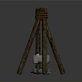Rustic Wooden Tripod Structure With Hanging Metal Pot And Stone Base