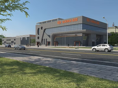 Modern Office Building With Glass Curtain Walls Company Signage And Roadside Greenery 3d model