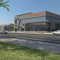 Modern Office Building With Glass Curtain Walls Company Signage And Roadside Greenery