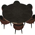 Round Dark Wood Dining Table Set with Brown Chairs Black Legs Gold Trim Base