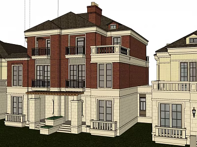 Semi Detached Villa With Red Brick Exterior Cream White Walls And Dark Roof 3d model