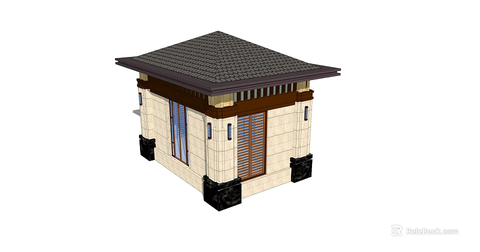 Traditional Small Building with Tiled Roof Stone Walls Wooden Door Vertical Windows and Dark Base 3d model 
