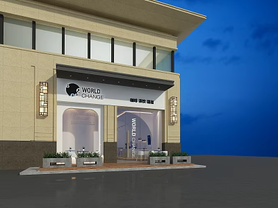 World Changer Café 555 10th Ave Beige Building With Large Windows Potted Plants Evening Sky 3d model