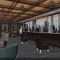 Vintage Bar Interior Design With Chandeliers City Mural And Comfortable Sofas