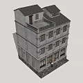 Traditional Gray Brick Commercial Complex Featuring Multiple Floors Windows And Stone Base Entrance