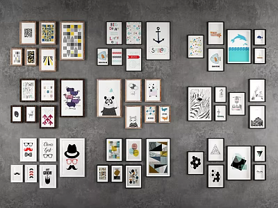Creative Photo Wall Decor With Various Size Frames Art Prints And Decorative Designs 3d model