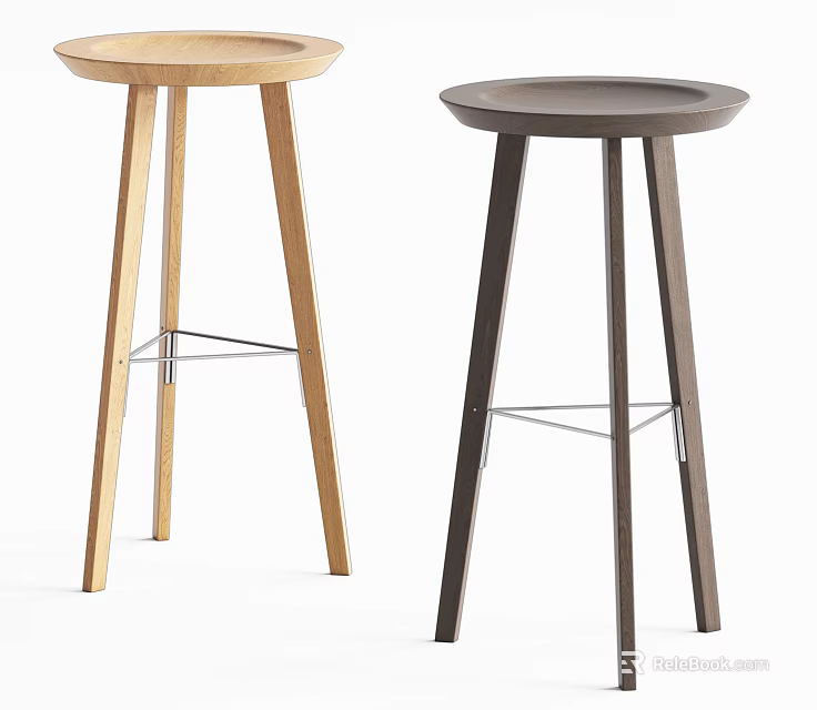 Two Modern Wooden Bar Stools With Light And Dark Wood Tones And Metal Support 3d model 