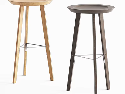Two Modern Wooden Bar Stools With Light And Dark Wood Tones And Metal Support 3d model