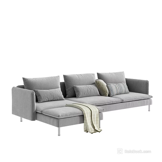 Modern Gray Sectional Sofa With Multiple Plush Cushions Throw Blanket And Metal Legs 3d model