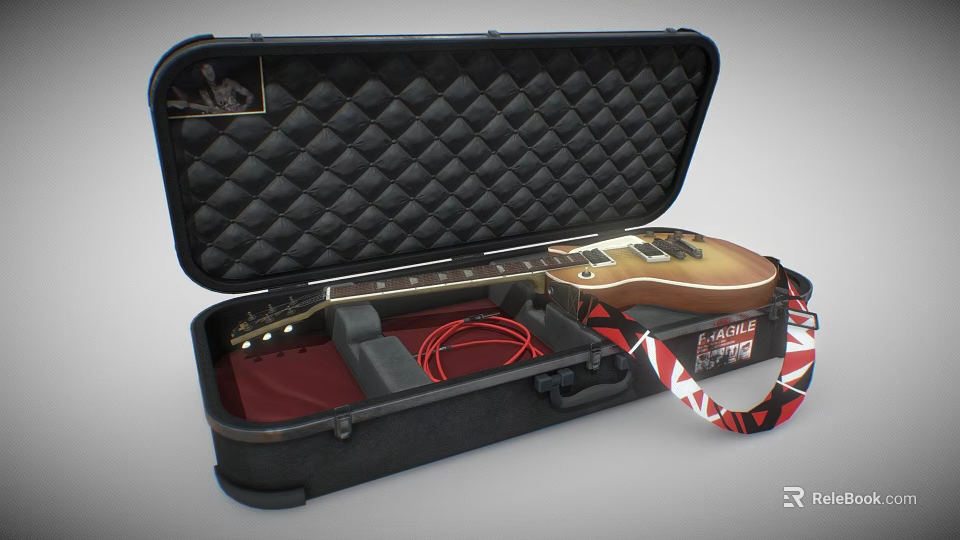 Black Open Guitar Case With Electric Guitar Padded Interior Red Cable And Patterned Strap 3d model 
