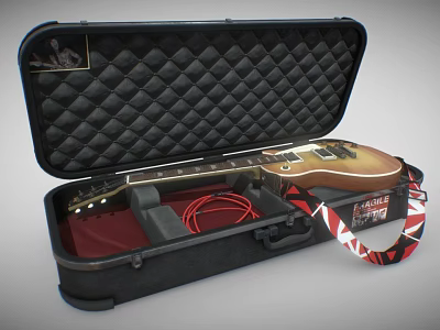 Black Open Guitar Case With Electric Guitar Padded Interior Red Cable And Patterned Strap 3d model
