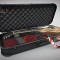 Black Open Guitar Case With Electric Guitar Padded Interior Red Cable And Patterned Strap 3d model