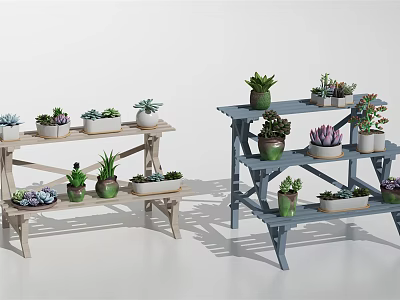 Multi Tiered Wooden Plant Stands With Light And Dark Colors Display Succulent Plants Garden Decor 3d model