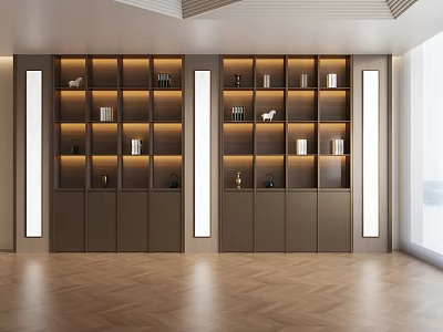 Modern Display Shelves With Illuminated Wooden Compartments In Spacious Bright Interior 3d model
