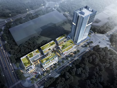 Vibrant Modern Commercial Street With Green Roofs Tall Building And Lush Trees 3d model