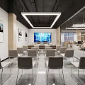 Modern Public Office Lounge With Circular Ceiling Lights Blue Sofa And Bookshelves