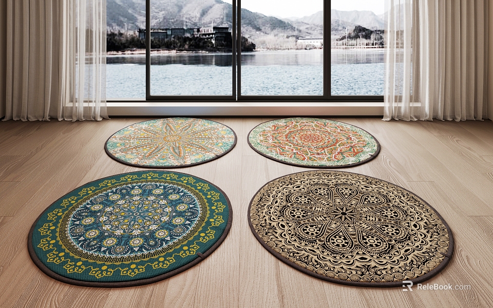 Various Round Rugs With Intricate Mandala Patterns Multicolor For Wooden Floor Living Room Decor 3d model 