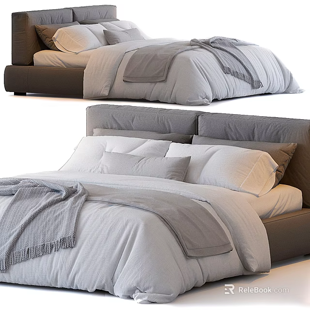 Modern Double Bed With White Linen Sheets Gray Blanket And Upholstered Headboard 3d model 