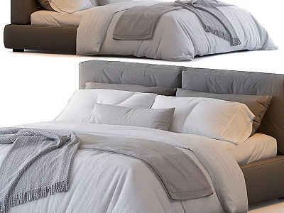 Modern Double Bed With White Linen Sheets Gray Blanket And Upholstered Headboard 3d model