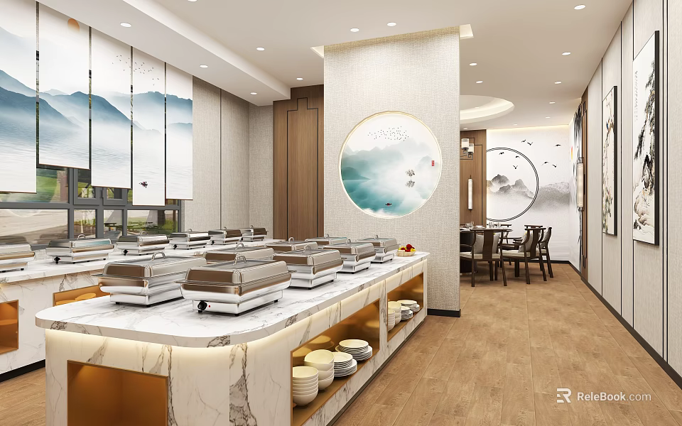 Modern Chinese Style Private Dining Room Featuring Marble Counter Table Landscape Paintings And Wooden Floor 3d model 
