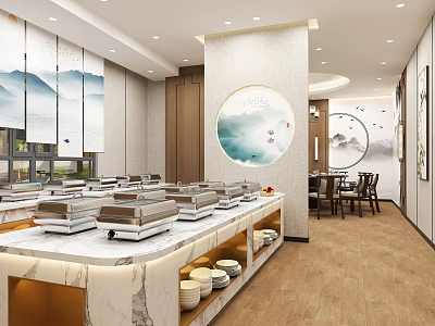 Modern Chinese Style Private Dining Room Featuring Marble Counter Table Landscape Paintings And Wooden Floor 3d model